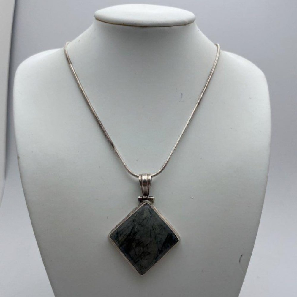 Sterling Silver Plated Quartz Square Cut Pendant Snake Chain & Gemstone Necklace